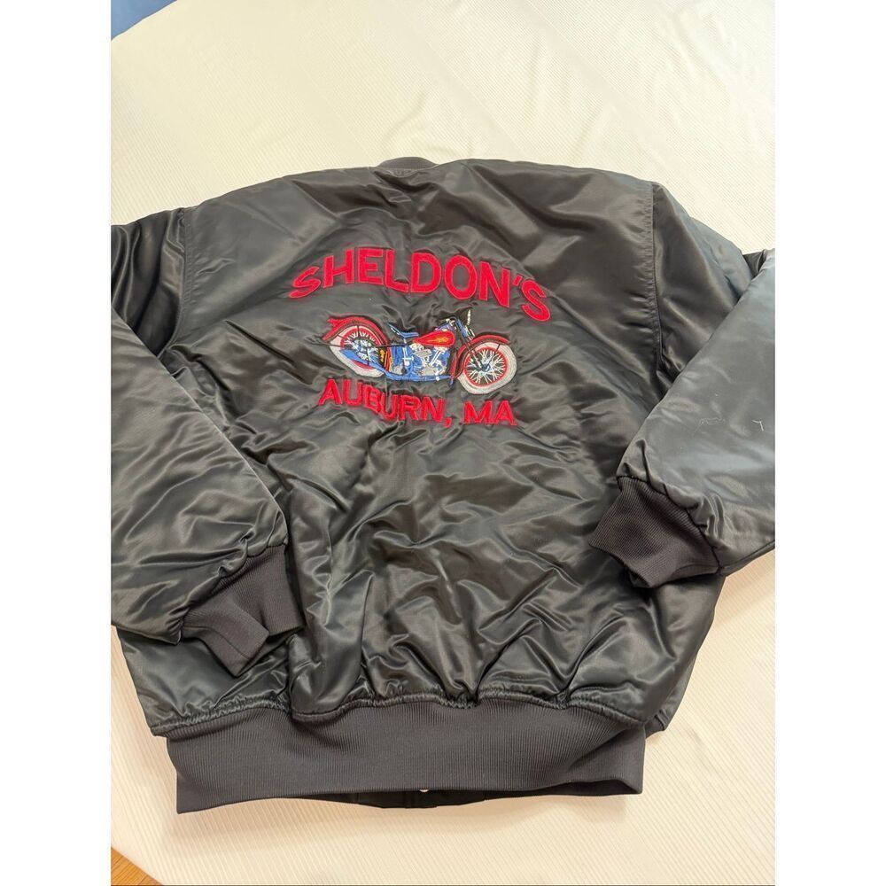 VTG 90s Sheldon’s Personalized Auburn MA Satin Motorcycle Bomber Jacket Large